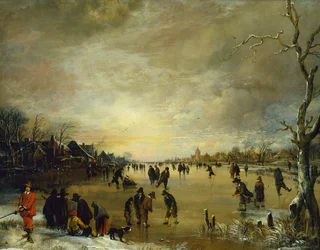 Vinterlandskap vid solnedgången med människor som spelar golf och skridskor (olja på duk)