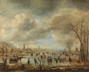 Vinterlandskap nära en stad med Kolf-spelare och hästdragna slädar