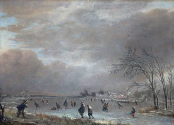 Vinterlandskap med skridskoåkare på en frusen flod (olja på panel)