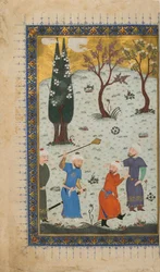 Folio från en oidentifierad text; recto: A Prince Enthroned Surrounded by Attendants, Herat, Afghanistan, c.1425-30 (ogenomskinlig akvarell, bläck och guld på papper)