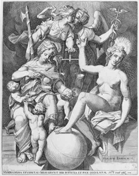 Allegori av Davids Psalm, Misericordia som sitter till vänster och matar fyra barn med..., 1579.