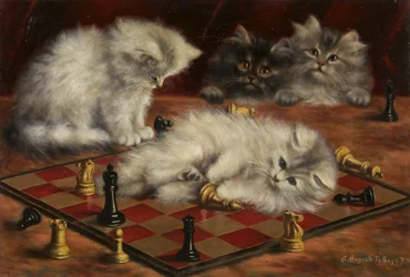 Katter med ett schackbräde (olja på duk)
