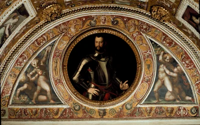 Porträtt av Cosimo I de Medici, storhertig av Toscana och far till Francesco I (målning på skiffer