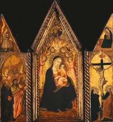 En bärbar triptyk med madonnan och barnet på tronen av änglar,