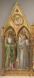Sankt Andreas och Sankt Benedictus med ärkeängeln Gabriel [vänster panel], strax före 1387 (tempera på poppelpanel)