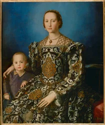 Eleonora av Toledo, hustru till Cosimo I Medici och hennes son Giovanni (målning på trä)