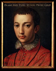 Porträtt av Francois I av Medici (Francesco I de Medici) (1541-1587) Ung pojke Målning av Allori Angelo di Cosimo dit Bronzino (1503-1572) 1500-talet Sön 15x12 cm Palace Medici-Riccardi (Medici Riccardi) Florens