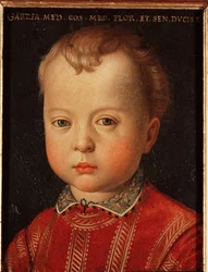 Porträtt av Garzia de Medicis (Garzia de Medici) (1547-1562) Barnmålning av Allori Angelo di Cosimo dit Bronzino (1503-1572) 1500-talet Sön 15x12 cm Palace Medici-Riccardi (Medici Riccardi) Florens