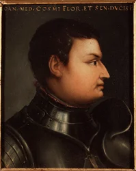 Porträtt av Jean de Medici dit Jean des Bands Noires (Giovanni dalle Bande Nere) (1421-1463) condottiere (italiensk condottiero) Målning av Allori Angelo di Cosimo dit Bronzino (1503-1572) 1500-talet Sön 15x12 cm Palace Medici-Ric Card Riccardi) F.
