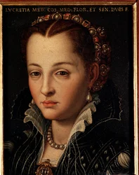 Porträtt av Lucrezia de Medici (eller Lucrezia di Cosimo de Medici eller Lucrezia de Medici) (1545-1561). Målning av Allori Angelo di Cosimo, kallad Bronzino (1503-1572) - 1500-talet, mått 15 x 12 cm, Palazzo Medici-Riccardi, Florens