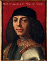 Porträtt av Peter II av Medici (1472-1503) (Piero di Lorenzo de Medici eller Piero den olyckliga) italiensk politiker och militär, son till Laurent den magnifika målningen av Agnolo Allori kallad Bronzino (1503-1572), olja på koppar Dim 15x12 cm Palazzo M