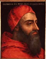 Porträtt av påven Clement VII (Clemente) (Jules de medicis ou giulio de medici) (1478-1534) Målning av Allori Angelo di Cosimo dit Bronzino (1503-1572) - 1500-talet Dim 15x12 cm Palace Medici-Riccardi (Medici Riccardi) Florens