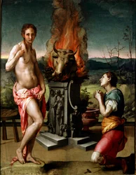 Pygmalion och Galatee (eller Galathee) Målning av Agnolo di Cosimo di Mariano i Il Bronzino (1502-1572) 1529-1530 Sön. 81x63 cm Florens, Galleria degli Uffizi (Uffizimuseet)