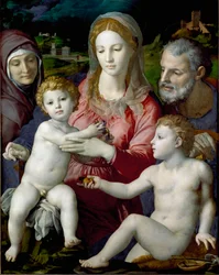 Den heliga familjen med Saint Anne och Saint John Barnmålning av Agnolo di Cosimo dit Bronzino (1503-1572) 1550 sön. 124,5x99,5 cm Kunsthistorisches Museum Wien