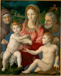 Den heliga familjen med Sankta Anna och unge Johannes (målning på poppelträ)