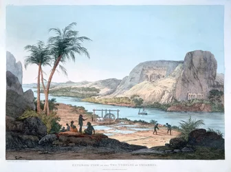 Exteriör vy av de två templen i Ybsambul, Egypten, 1820