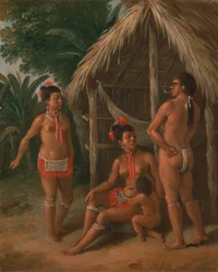 En Carib-familj på Leewardöarna utanför en hydda, ca. 1780.