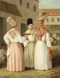 En västindisk blomsterflicka och två andra fria färgade kvinnor, ca 1769 (olja på duk)
