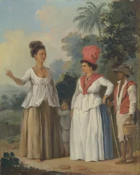 Västindiska färgade kvinnor med ett barn och en svart tjänare, ca 1780