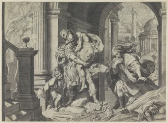 Aeneas flyr med sin familj från Troja