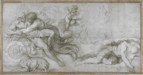 Cephalus buren av Aurora i sin vagntecknad serie för en fresk i Galleriet i Palazzo Farnese, Rom, ca. 1599