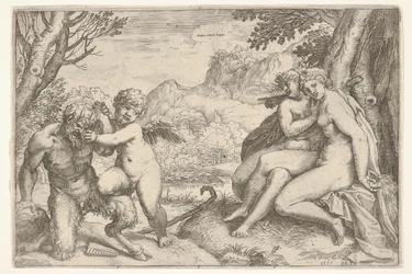 Kärleken övervinner allt Omnia vincit Amor, i en kamp med en satyr placerar Amor sin högra kn..., 1599.