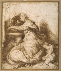 Madonna och barn med St John, alla sover (penna & brunt bläck och brunt tvätt)