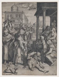 Saint Paul höjer Patroclus som är på marken, omgiven av en grupp åskådare, ..., 1583.