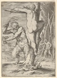 En satyr som piskar en nymf, sedd bakifrån och bunden vid ett träd, en andra satyr..., ca 1590-95