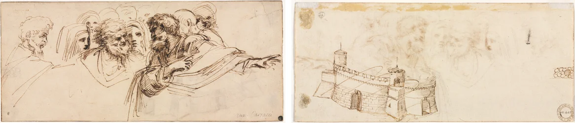Studie av huvuden (recto); Krenelerad fästning (verso)