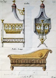 Babysäng och soffa, från Works of carpenter and locksmith uttänkt och designad av mig Agostino Fantastici), manuskript 3, skylt 38