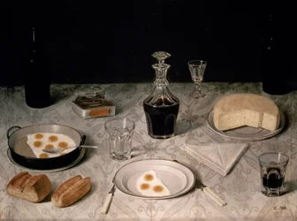 Stilleben med ägg, bröd, ost och vin (olja på duk)