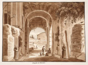 Eremitens kapell i Colosseum, 1833 (etsning med brun tvätt)