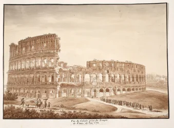 Utsikt över Colosseum från Venustemplet, 1833 (etsning med brun tvätt)