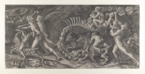 Lo Stregozzo: en kvinnlig häxa som rider på ett djurskelett, föregås av två män och ..., ca. 1515-25.