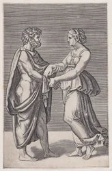 Man och kvinna som håller händerna, 1516-17.