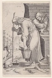 Gammal kvinna närmar sig graven, daterad 1528.