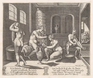 Platta 7: Psyche deltog i hennes bad, från historien om Amor och Psyche som berättas av Apu..., 1530-60.