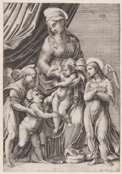 Jungfrun, spädbarnet Kristus, spädbarnet Sankt Johannes och två änglar, daterad 1516.