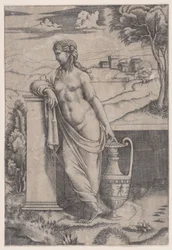 Kvinna som står nära en vas, ca. 1514-36.