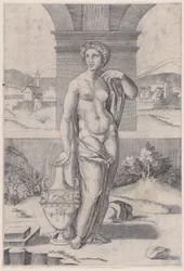 Kvinna som står nära en vas, ca. 1514-36.