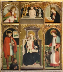 Polyptyk av Madonna med barnet och helgonet Julian och Bernard