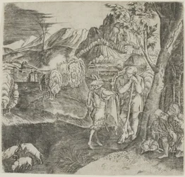 Herdar och satyr i ett landskap