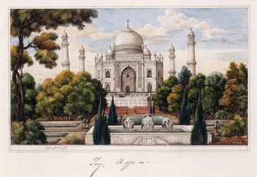 Taj Mahal från trädgården, ca 1840 (penna och grått bläck, w/c, förhöjd med inslag av vitt,)