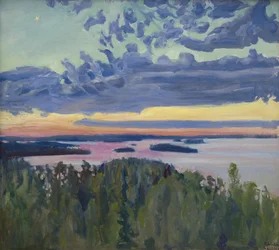Solnedgång över en sjö.