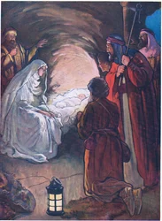 Jesusbarnet och herdarna, ur The Bible Picture Book utgiven av Thomas Nelson, ca 1950 (färglitografi)