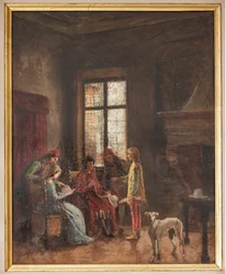 Nicolò Biondo visar sin samling hattar för Alberto Pio (oljemålning på zink)