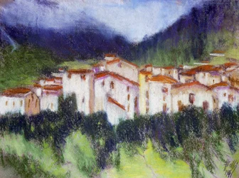 Alplandskap, av Alberico Balbi Valier (1869-1910 cirka), pastell på papper, 24x32 cm. Italien