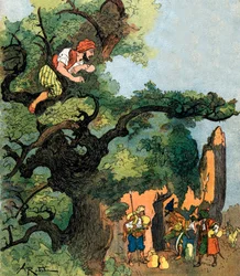 Ali baba hör en grupp av fyrtio tjuvar som besöker deras skattbutik Illustration av Albert Robida för Ali Baba and the Forty Thieves 1945 Private Collection