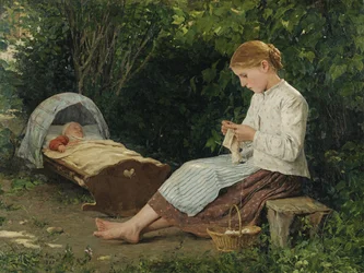Stickande flicka tittar på småbarnet i en vagga av Anker, Albert (1831-1910). Olja på duk, storlek: 54x70